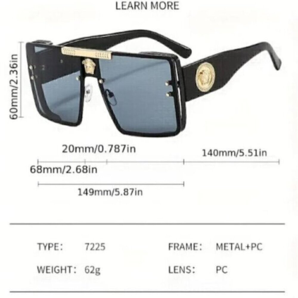 Black Sports Sunglasses Rivet Metal Frame Large Square Black Frame - Picture 2 of 6